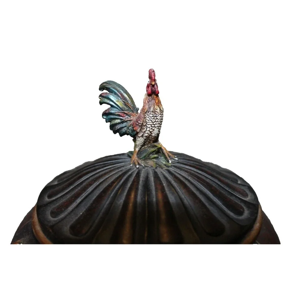 Notions container in form of large lidded pedestal cup with rooster on top